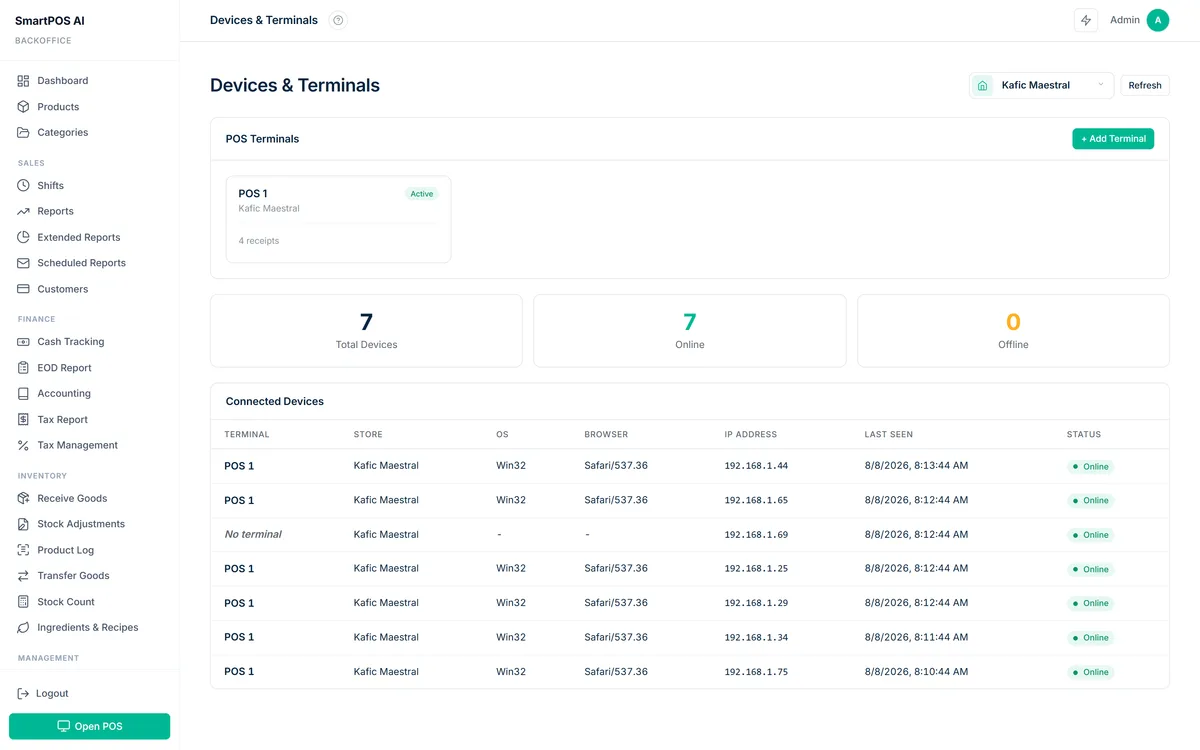 Devices and terminals screen listing connected tills with their browser, IP address and last seen time