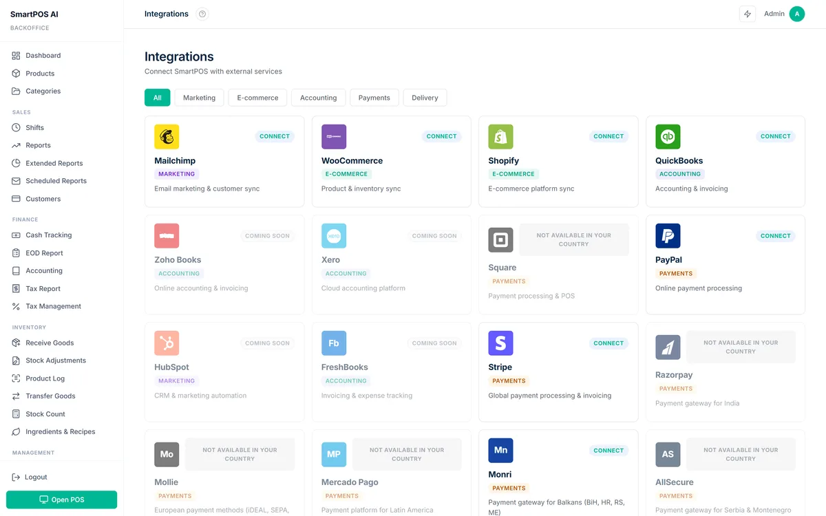 Integrations screen with Mailchimp, WooCommerce, Shopify, QuickBooks, PayPal and Stripe connections