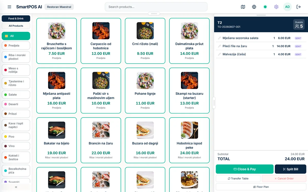 Open order for table T2 with five guests, three sent items and a 24 EUR total, next to the food menu