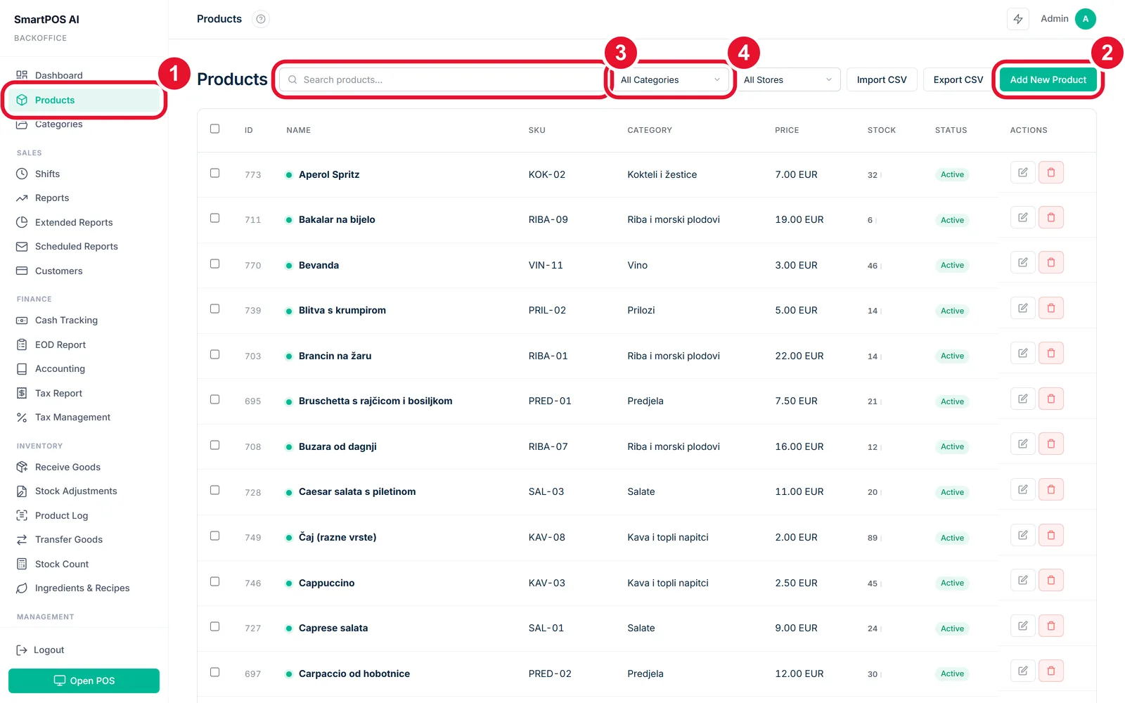Add a product — the buttons to press, circled and numbered in order