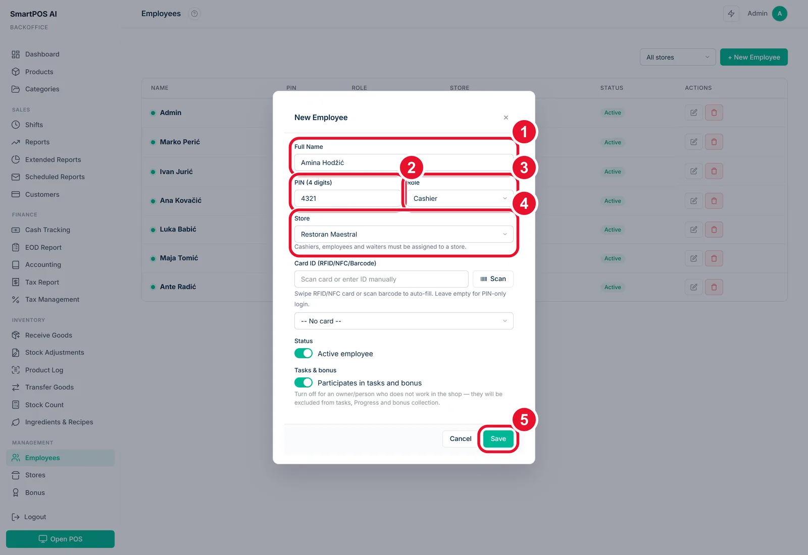 Add your first colleague — the fields to fill in, circled and numbered in order