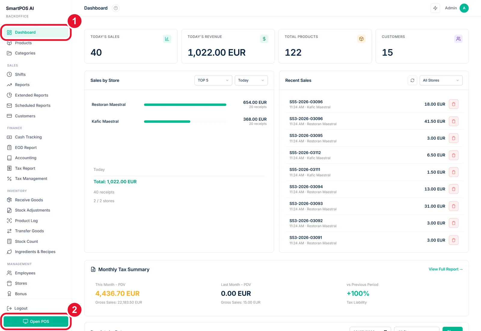 Back office dashboard with the sidebar overview and the green Open POS button circled and numbered