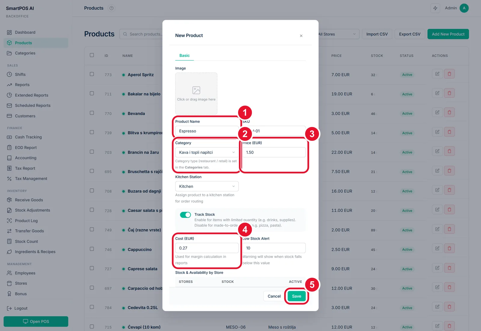 Add your first product — the fields to fill in, circled and numbered in order