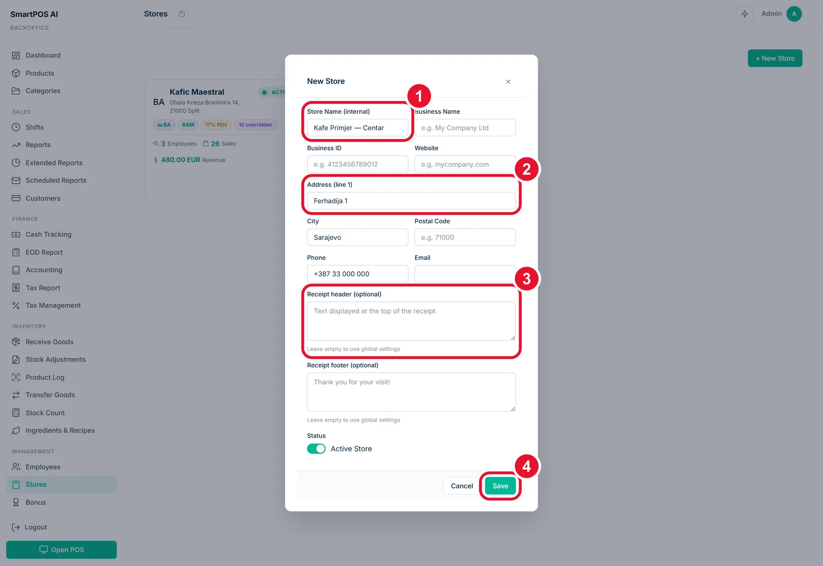 Add your first store — the fields to fill in, circled and numbered in order