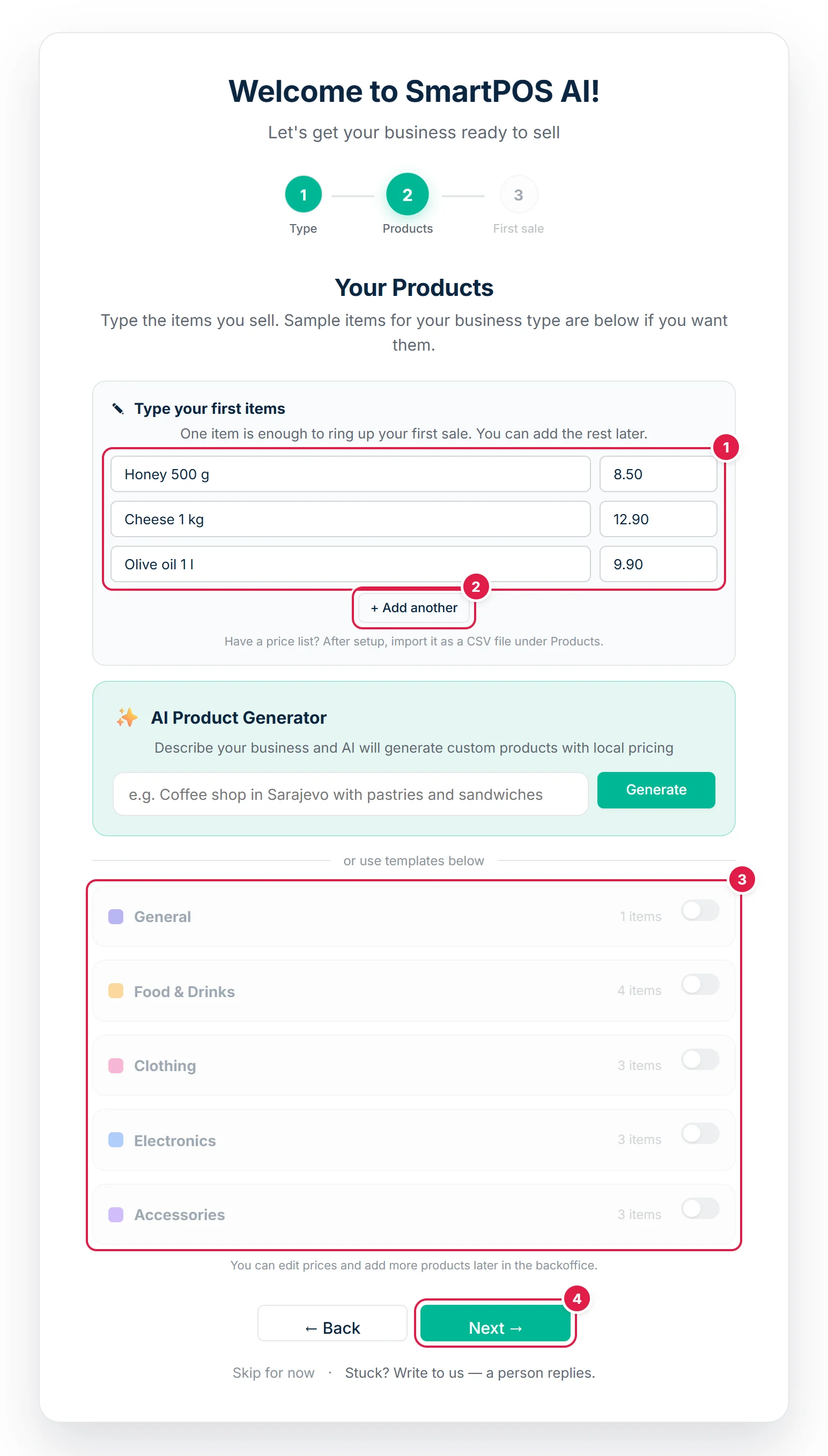 Quick setup, step two: the item and price rows, the add another button, the sample categories and the next button circled and numbered