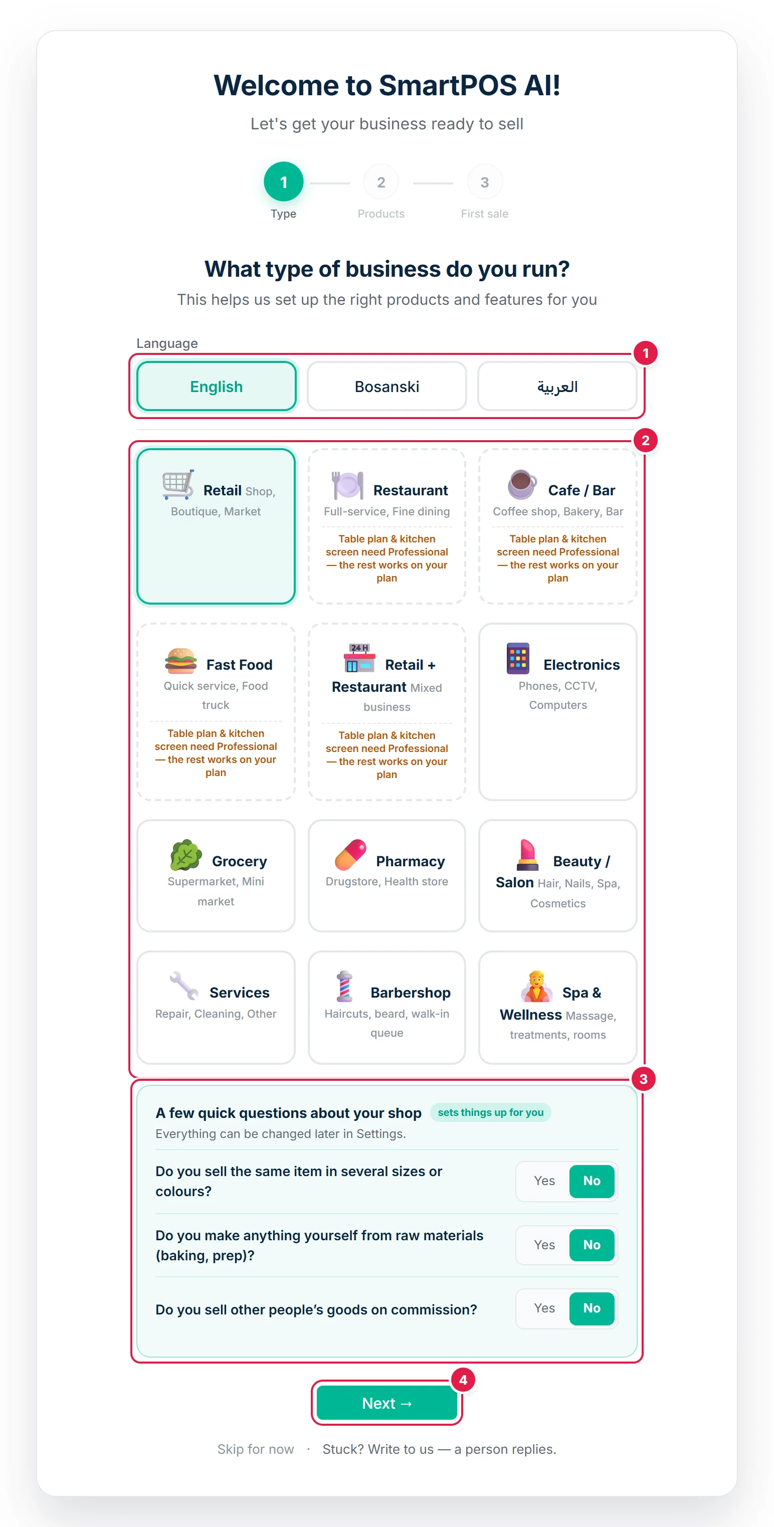 Quick setup, step one: the language, the kind of business, a few yes or no questions and the next button circled and numbered