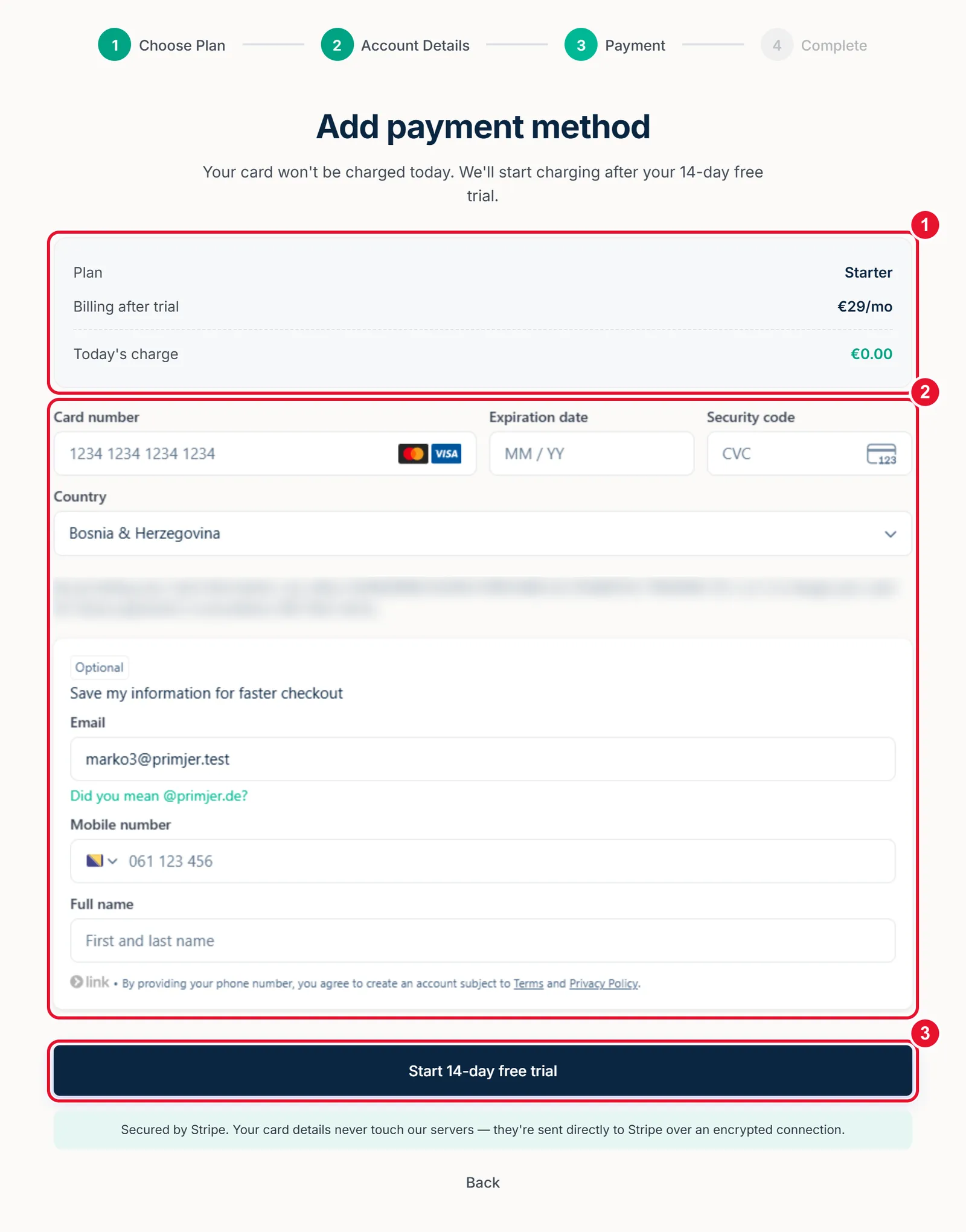 Add payment method screen with the zero charge summary, the Stripe card form and the start trial button circled and numbered