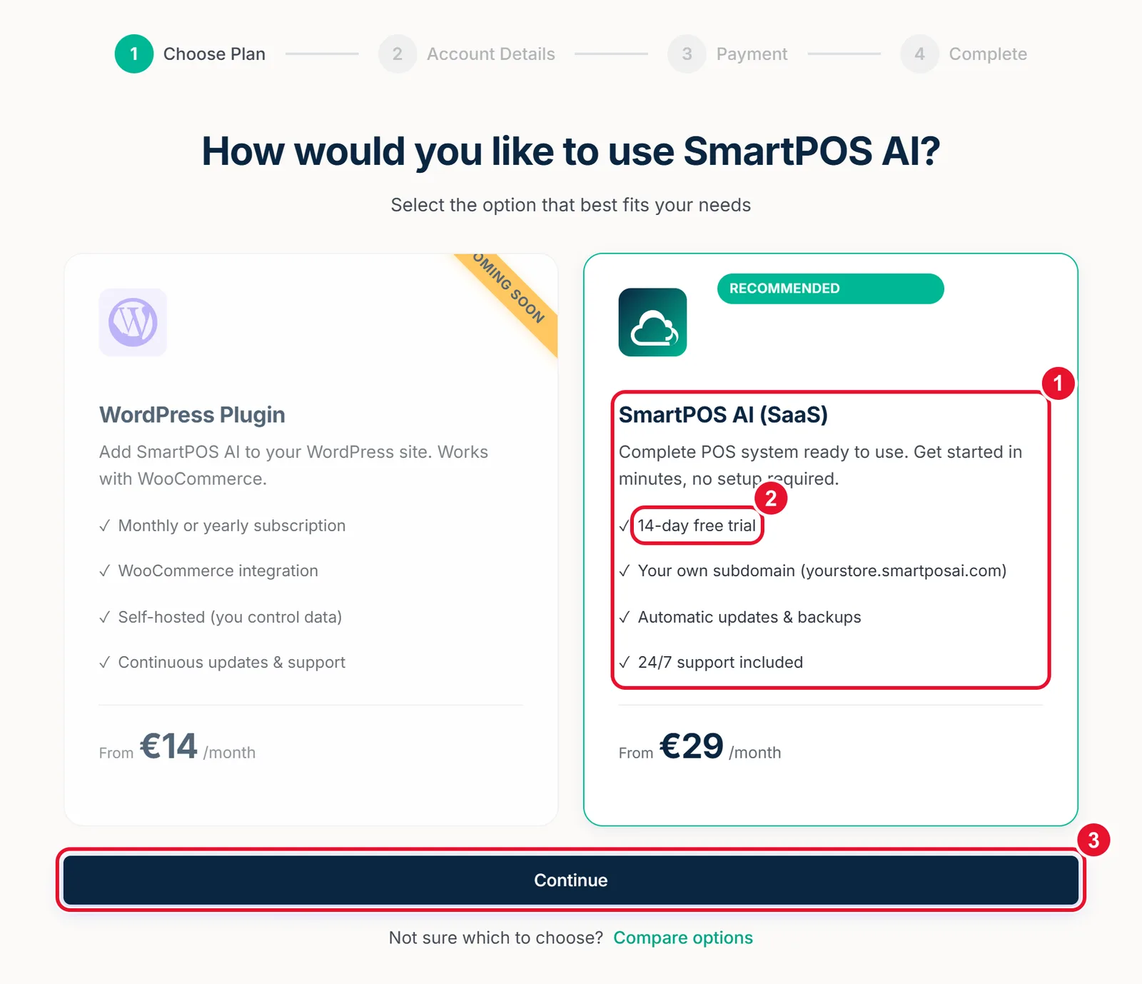 Sign-up screen with the hosted plan, the free trial and the continue button circled and numbered