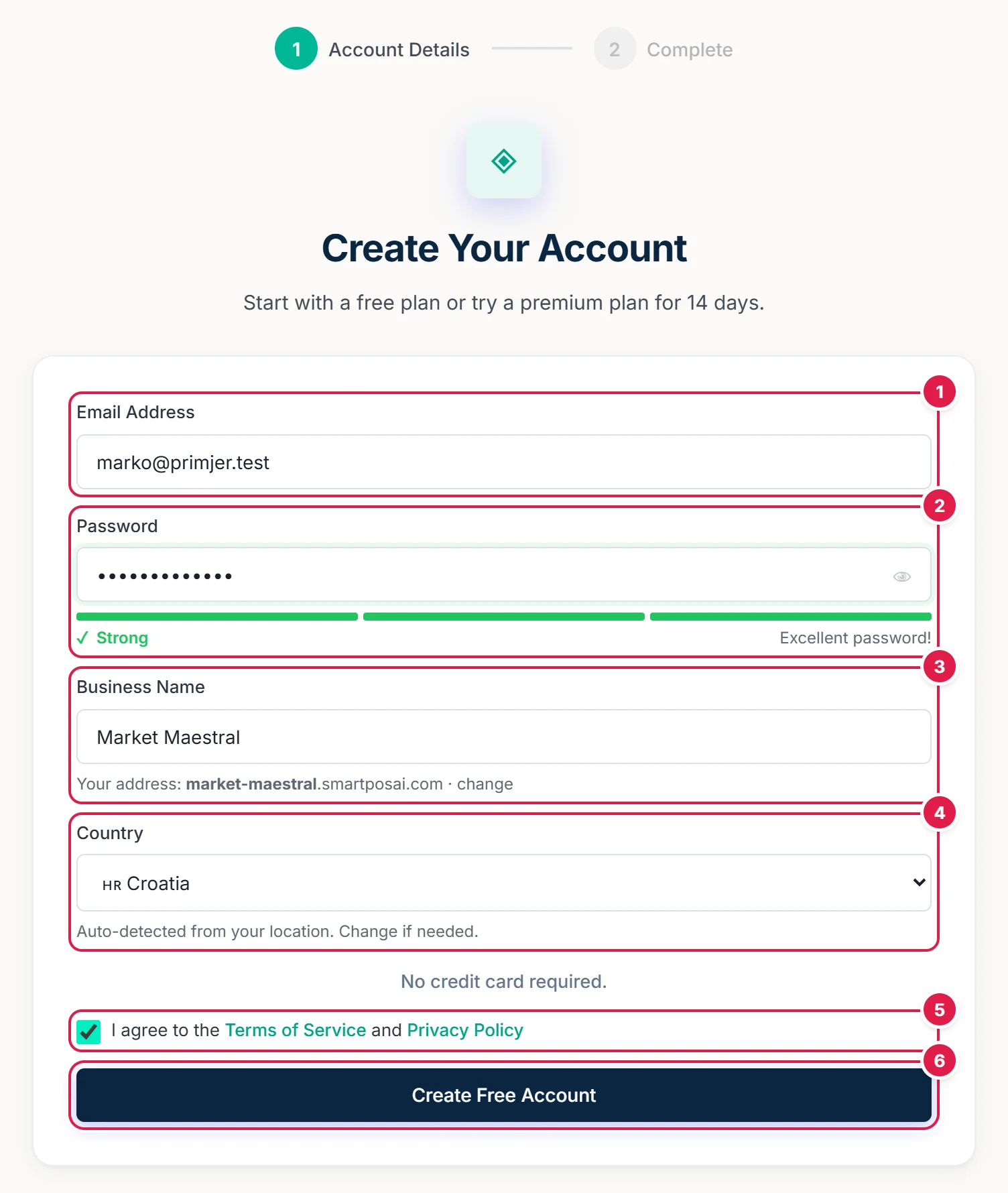 Sign-up form with the email, password, business name with its web address, country, terms and create button circled and numbered