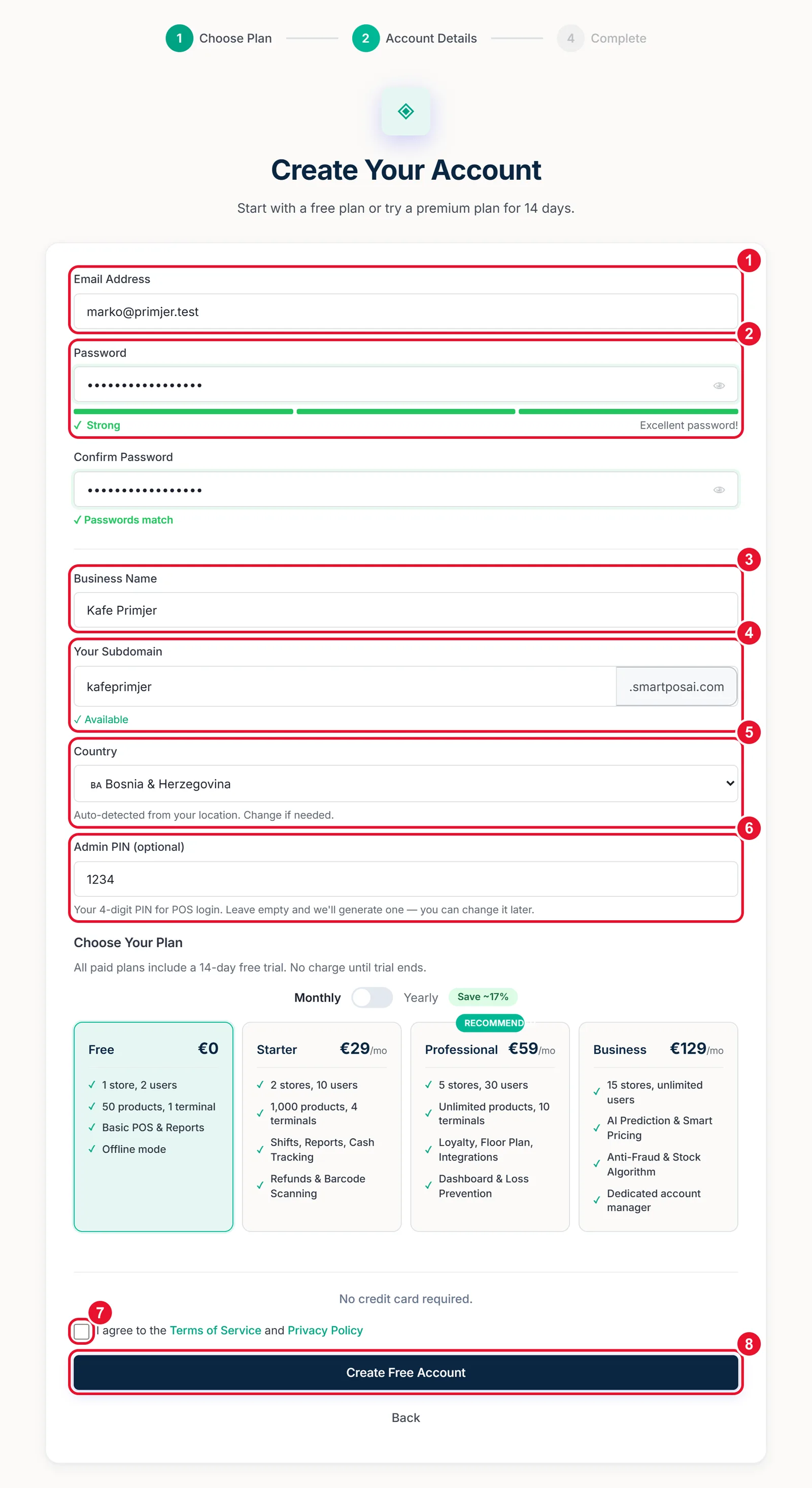 Account form with the business name, web address, till PIN and country circled and numbered