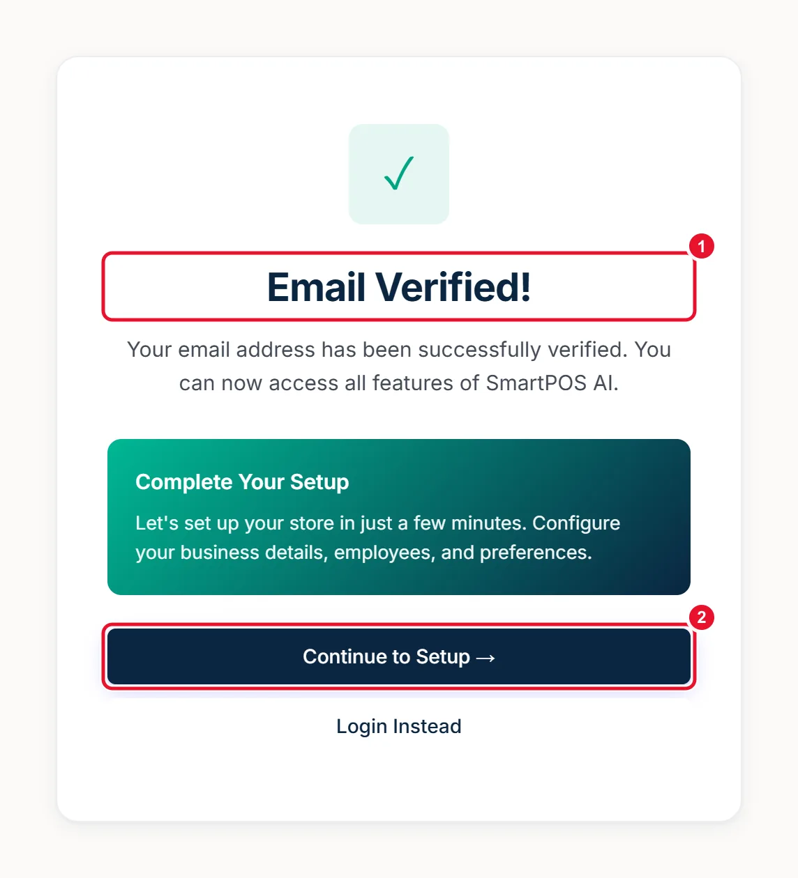 E-mail verified screen with the success message and the sign-in button circled and numbered