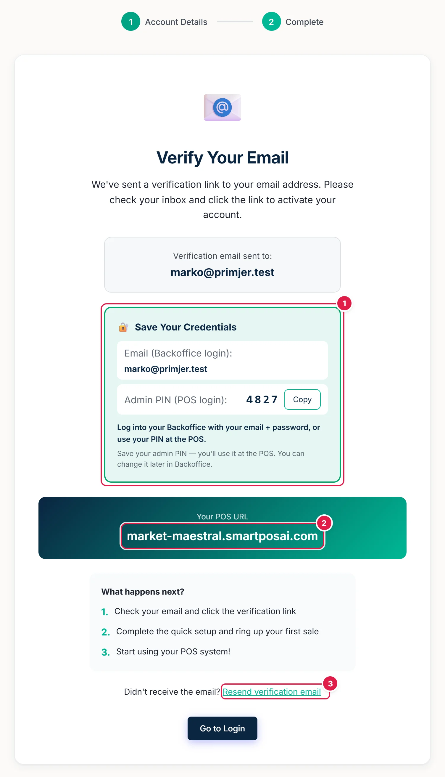 Screen after sign-up with the admin PIN and copy button, the web address and the resend link circled and numbered