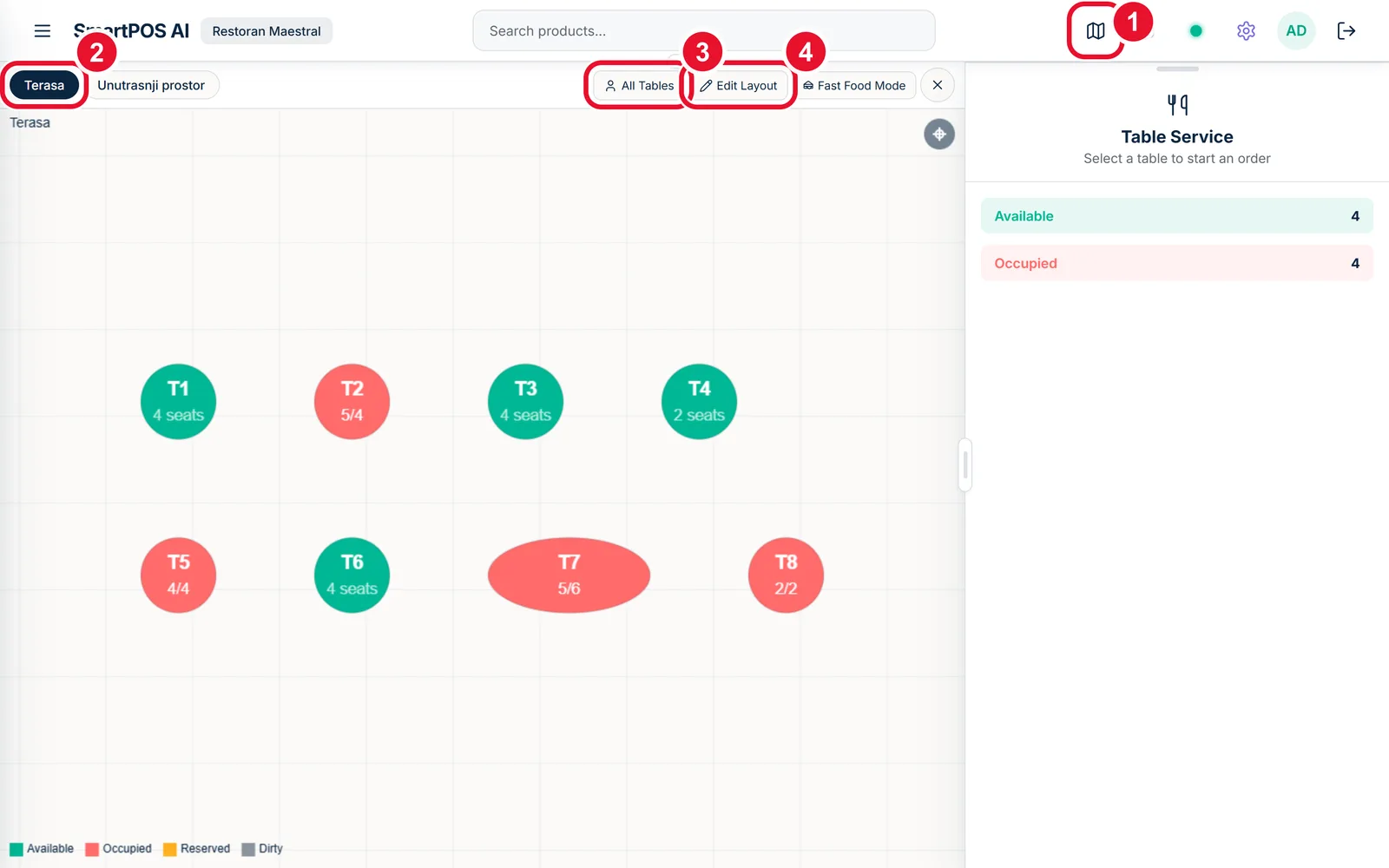 Open a table — the buttons to press, circled and numbered in order