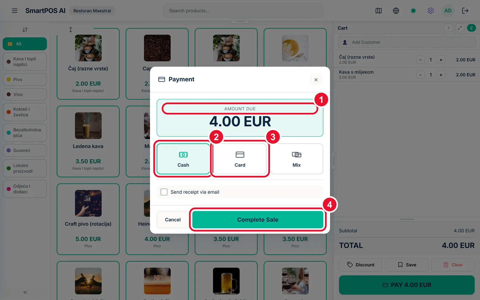 Take a payment — the buttons to press, circled and numbered in order