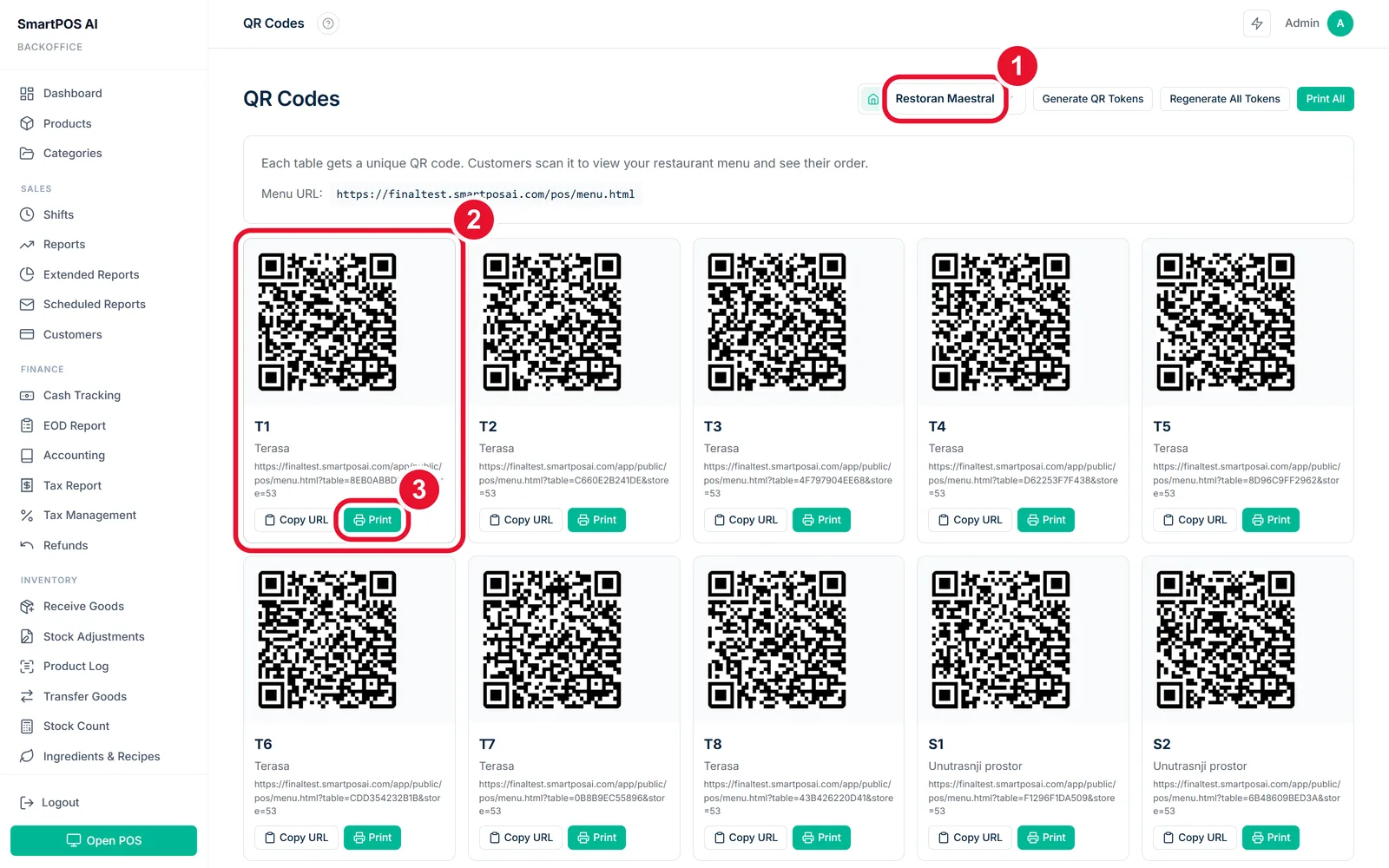 صفحة رموز QR برمز فريد لكل من عشر طاولات مع تحديد اختيار المتجر وبطاقة طاولة وزر الطباعة