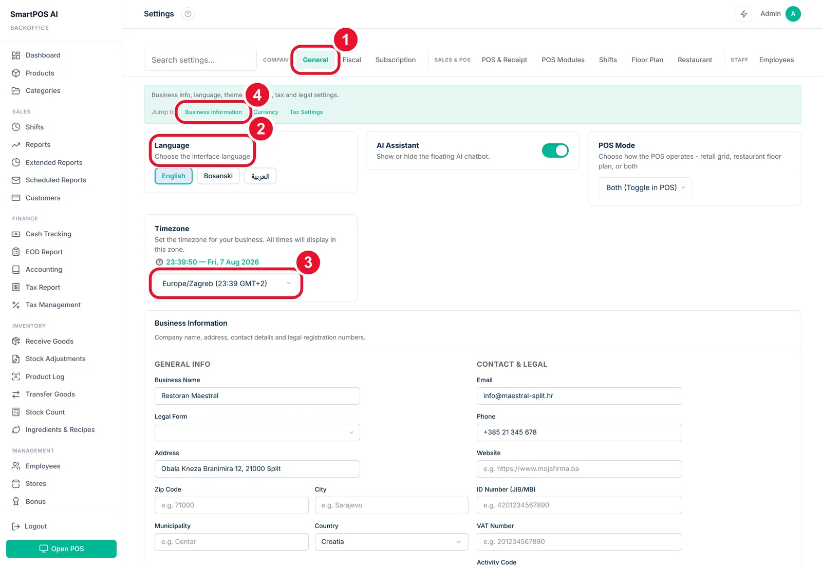 Set your business up — the controls to use, circled and numbered in order
