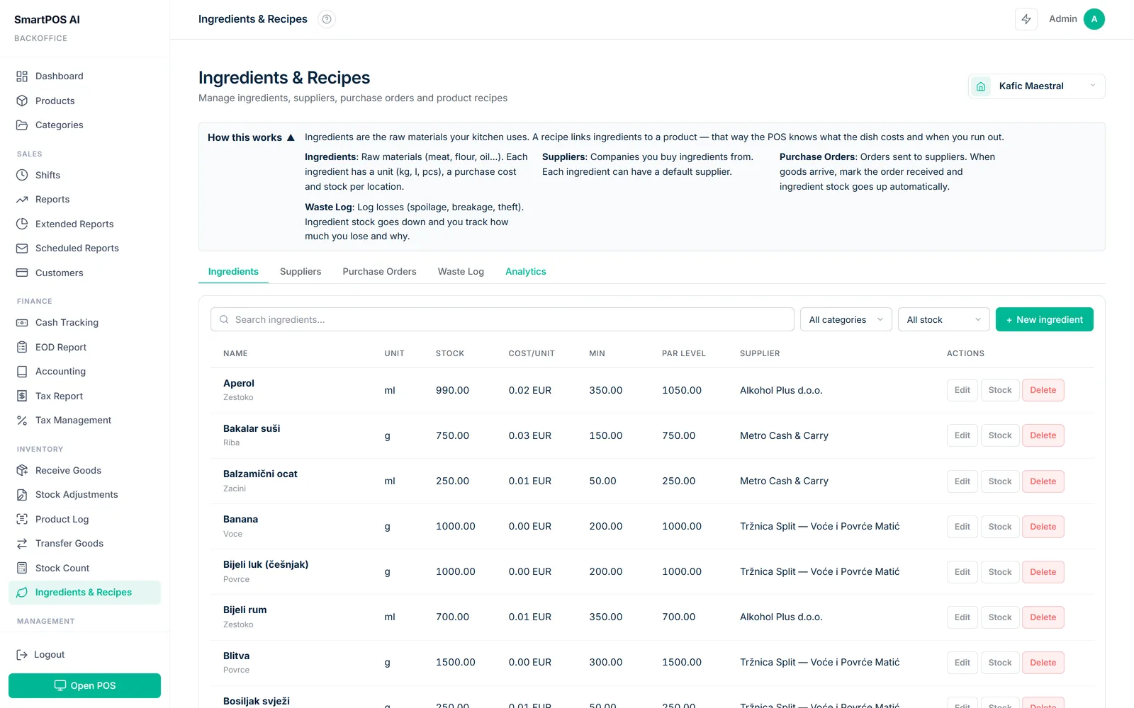 Ingredients and recipes screen with stock, cost per unit, suppliers and purchase orders
