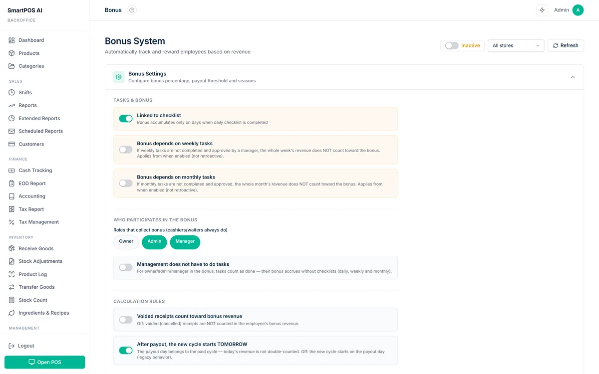 Bonus system settings linking staff rewards to revenue thresholds and completed tasks