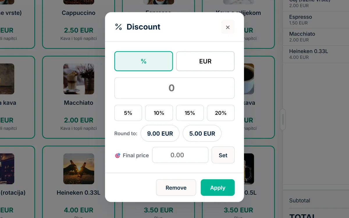 Discount dialog with percentage and currency modes, quick 5 to 20 percent buttons and round-to amounts