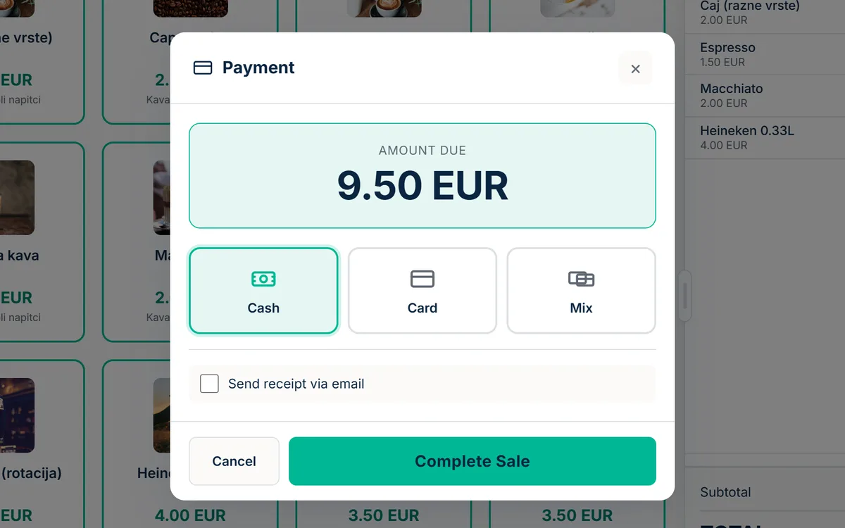 Payment dialog showing amount due 9.50 EUR with cash, card and mixed payment options