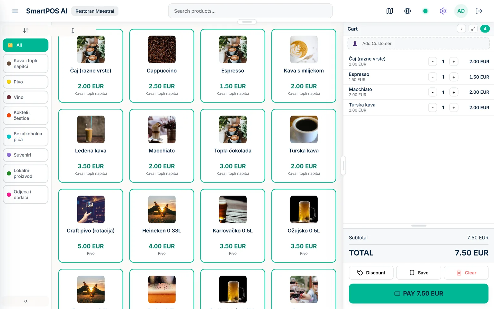 SmartPOS till with a four-item order in the cart and the total showing 9.50 EUR